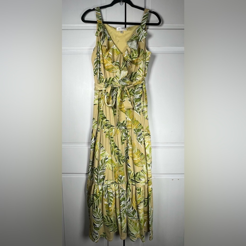 SOHO Apparel Yellow/Green Tropical Leaf Print Maxi Dress Ruffle V-neck Size M